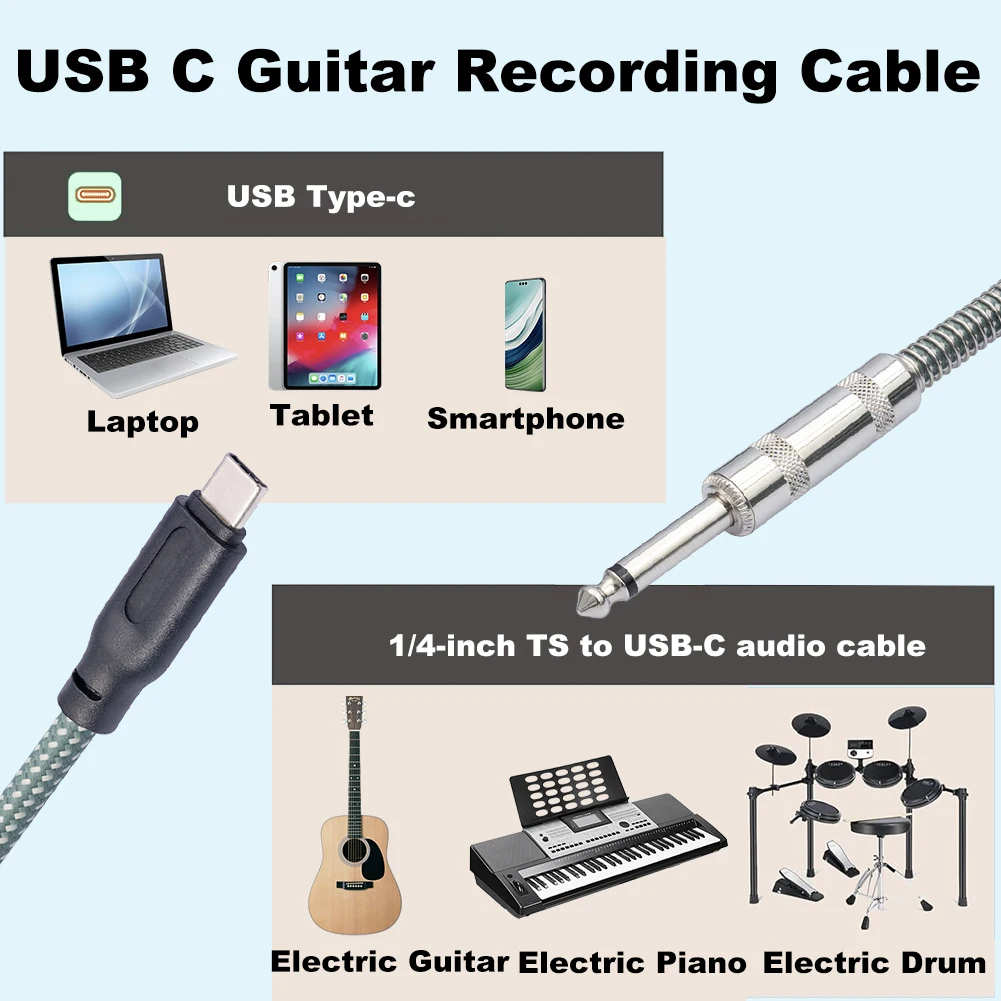 1/2/3/5M Guitar To USB C Record Cable 6.35mm 1/4 Inch Male Mono To Type C Male Cable for iPhone 15/15 Plus/15 Pro/15 Pro Max