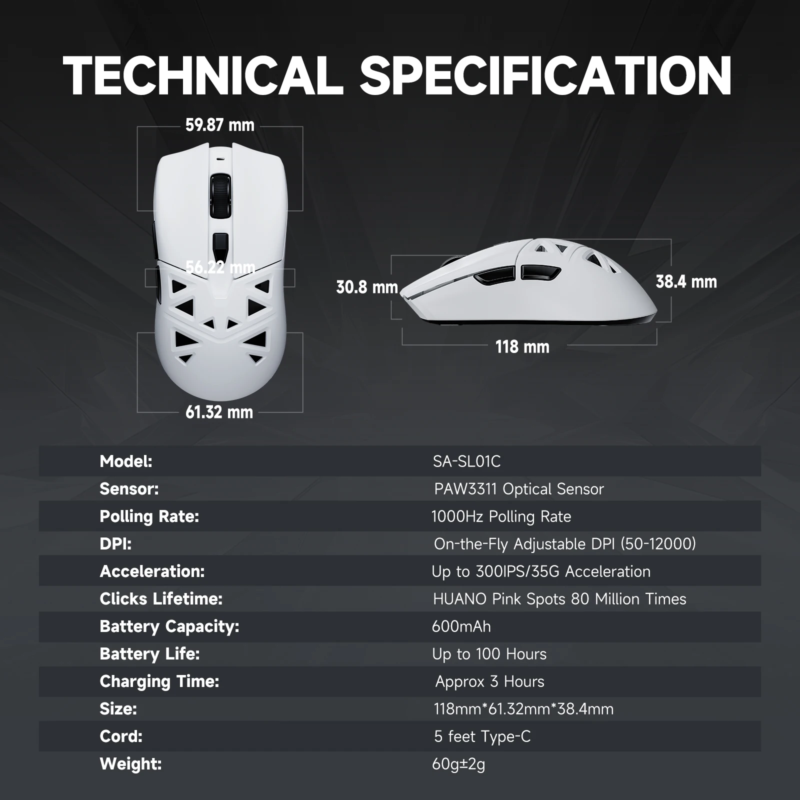 RAWM SL01C Wireless Lightweight Gaming Mouse, 3-Mode Connection, 600mAh Rechargable Battery, 7 Programmable Buttons