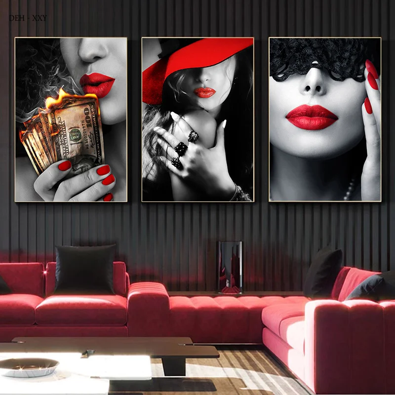 Red Lips Sexy Woman Canvas Painting Fashion Girl Babes Wall Art Pictures Modern Home Livingroom Wall Decoration Frameless