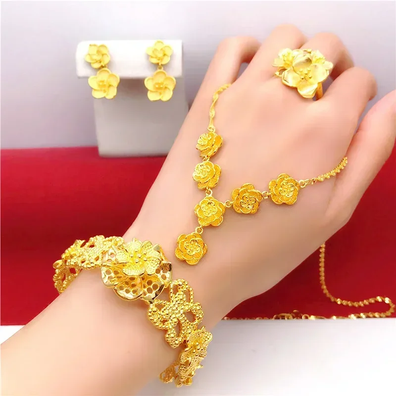 

Pure Imitated 100% Plated Real 999 Gold 18k Female Gilded False Flower Necklace Bridal Jewelry Set Lasts Forever For Women's Gif