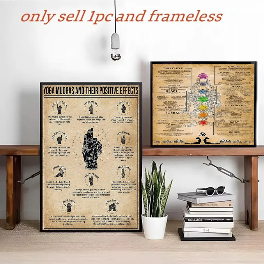 Vintage Yoga Mudras And Chakra Canvas Print Frameless Wall Art Home Decor Bedroom Boho Style Wall Hanging