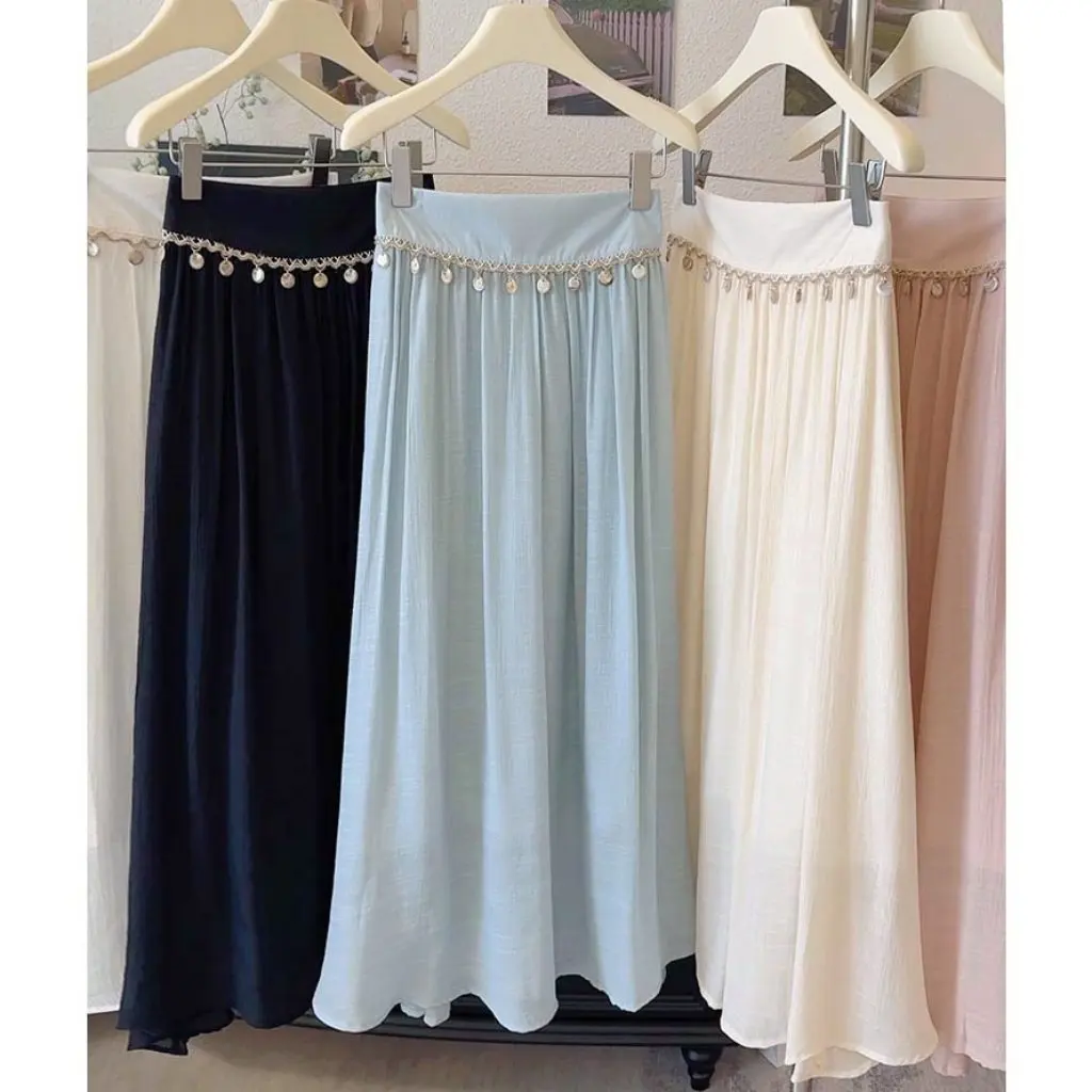 

Women's Bohemian Style Cotton Linen Skirt with Shell Tassel Waist Decoration Summer Sunscreen Long Casual Art Dress