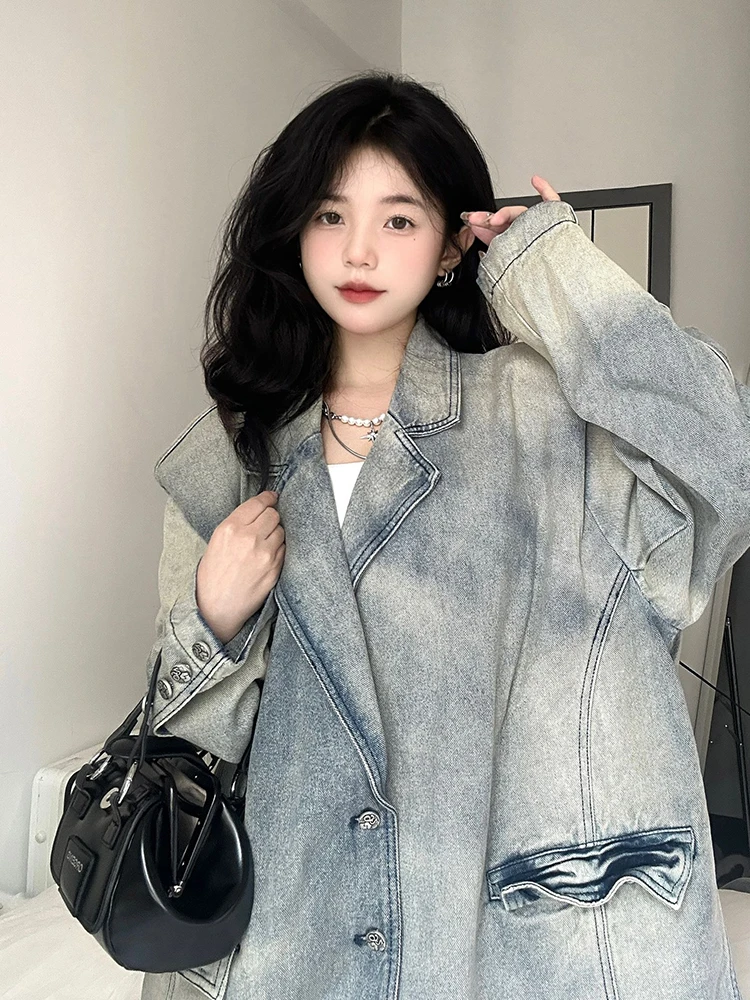 American Vintage Y2k Tops Notched Collar Long Sleeve Tie Dye Button Denim Coat Pockets Lazy Style Casual Loose Women Jackets