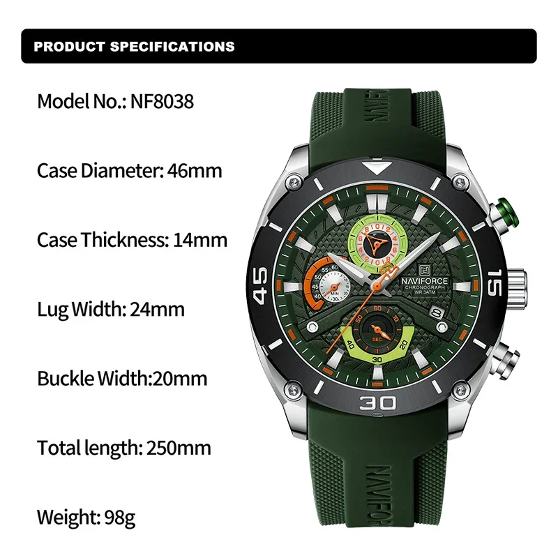 NAVIFORCE Boy Chronograph Clock Casual Wild Waterproof Watch Man’s Sports Quartz  Male Wristwatch Creative Soft Silicone Strap