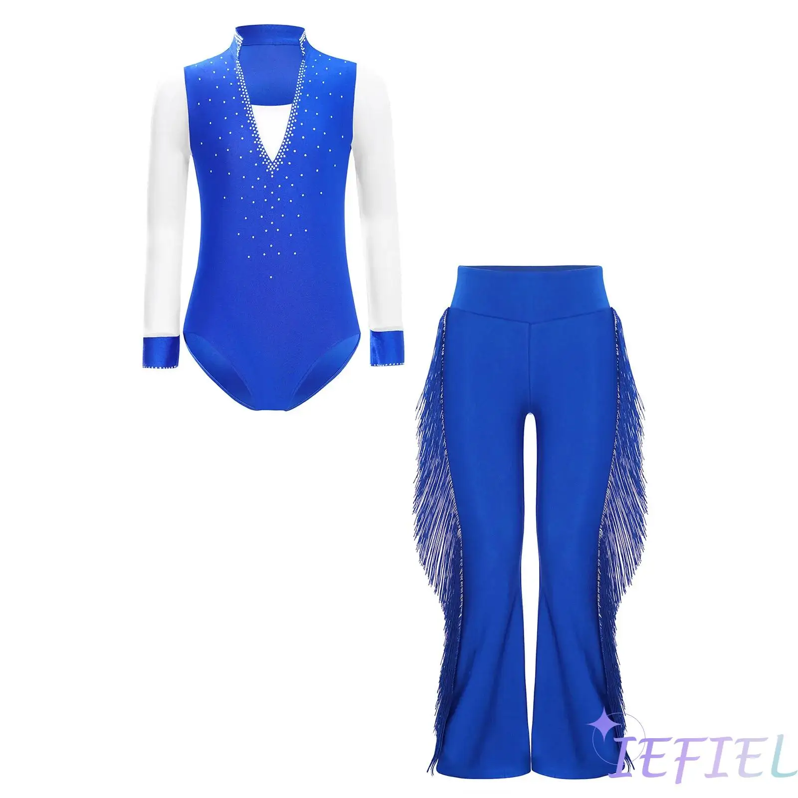 

Kids Boys Figure Skating Latin Dance Performance Costume Tango Chacha Dance Leotard with Elastic Waist Tassels Bell-Bottom Pants