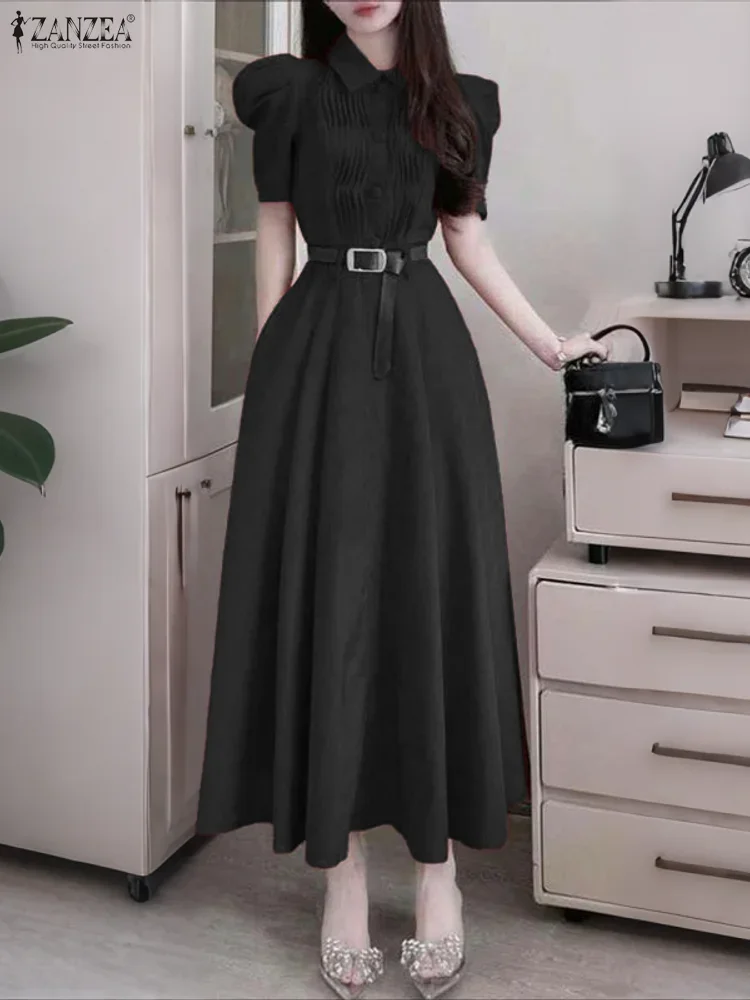 2025 ZANZEA Elegant Women Party Dresses Short Sleeve Summer Maxi Vestidos Fashion Lapel Pleated Solid Casual Loose Shirt Robe
