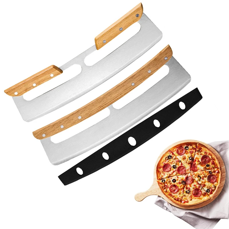 Wooden Handle Pizza Cutter Curved Blade Large Stainless Steel Pizza Slicer Sharp Rocker Blade Semi Circular Shaver Baking Tool