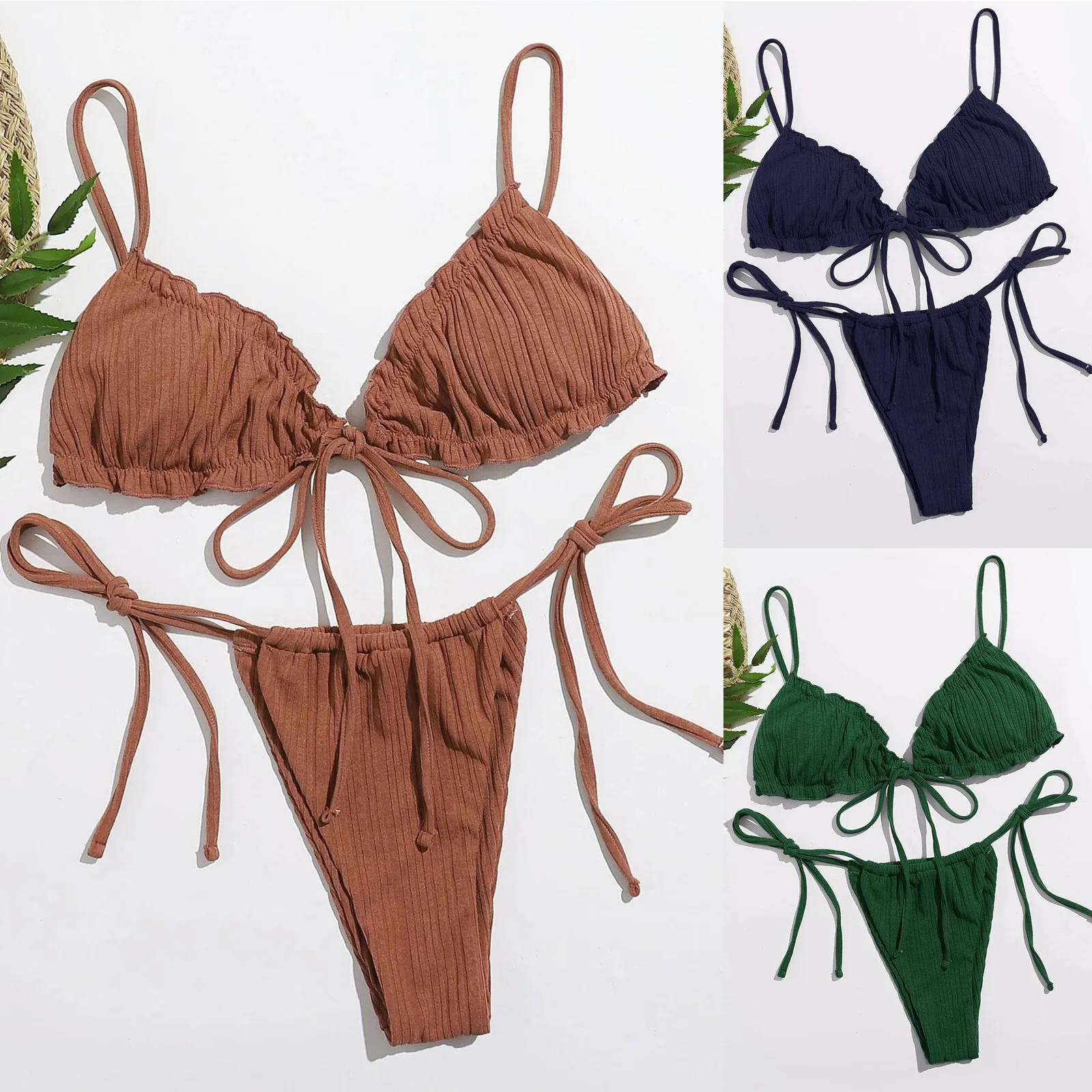 Damskie letnie zestawy seksowne Bikini w jednolitym kolorze 2-częściowe solidne kolorowa, bandażowa Push Up strój kąpielowy Mini stringi Bikini