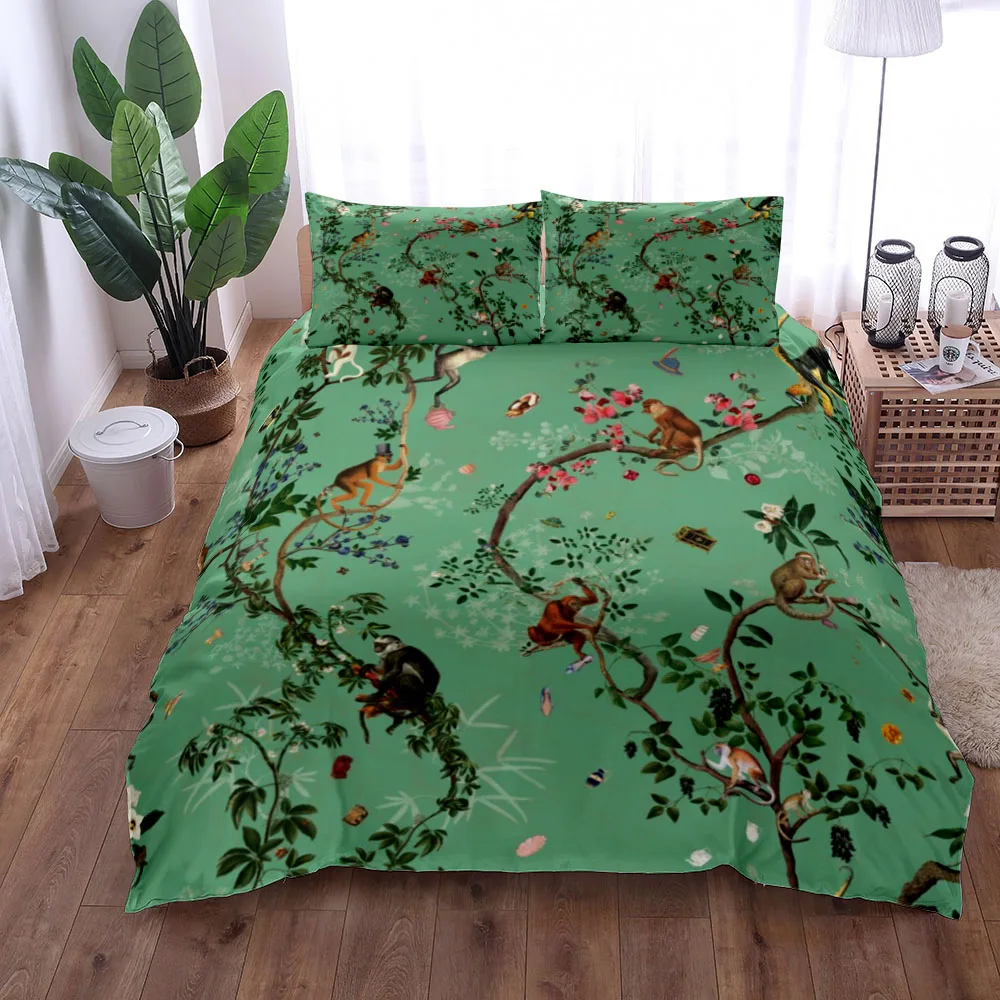 

Green Safari Monkeys Duvet Cover Set King Queen Double Full Twin Single Size Bed Linen Set