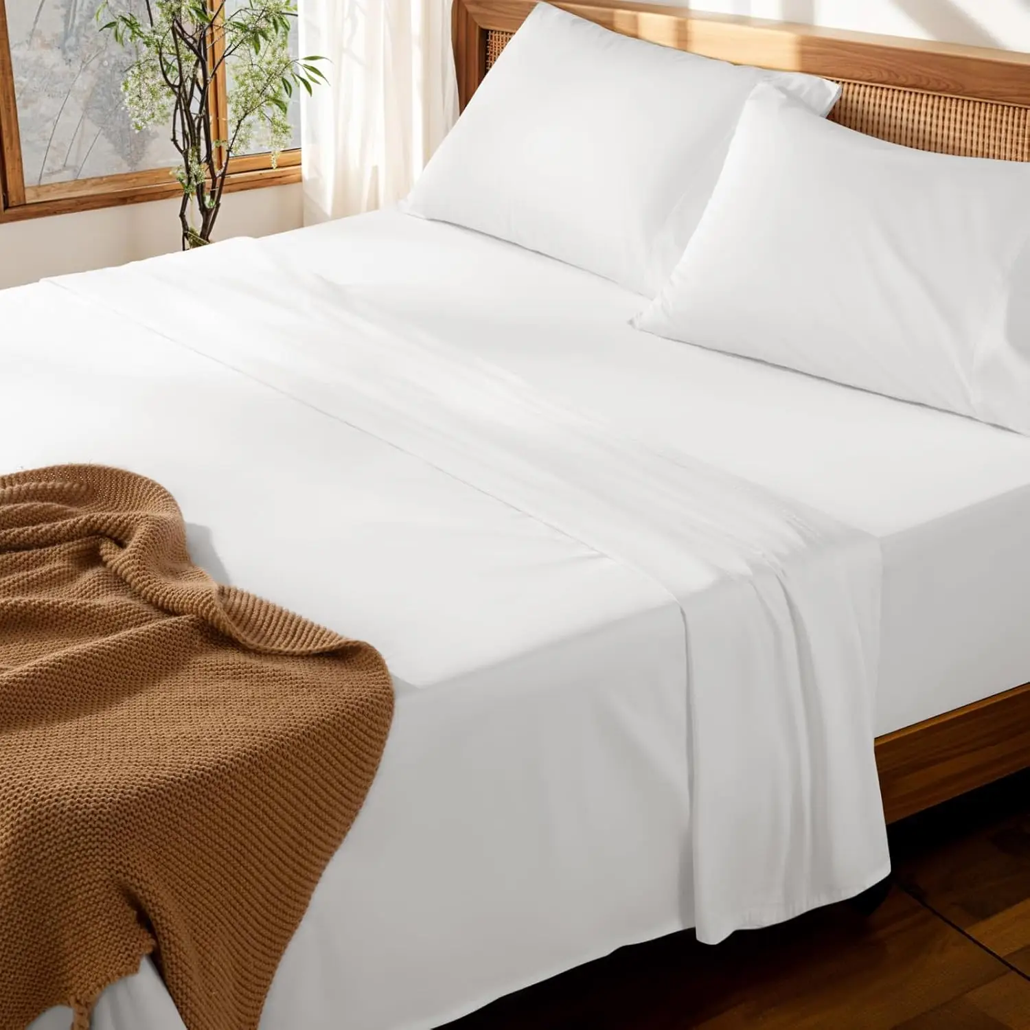 

Комплект постельного белья Queen Size из 100% хлопка, с глубокими карманами 18-24 дюйма, 1000 нитей на дюйм, мягкий и комфортный, для всех сезонов (белый)