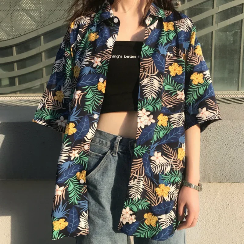 Hawaii Lapel Harajuku Retro Women's Beach Single-breasted Cardigan Short Sleeve Floral Print Top 2024 Summer Loose Casual Top