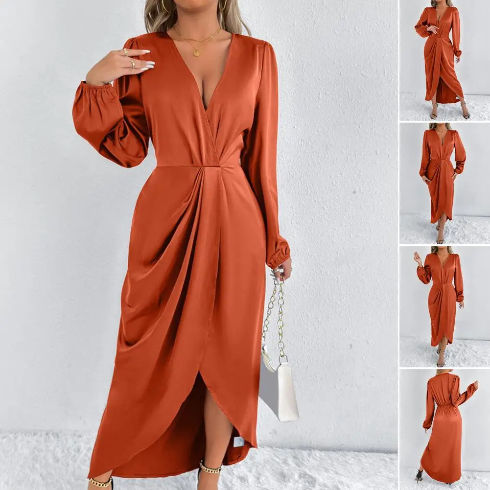 Vestido maxi de festa de noite de cetim feminino drapeado seda com decote em v manga longa senhora do escritório vestidos midi sexy chique robes longue