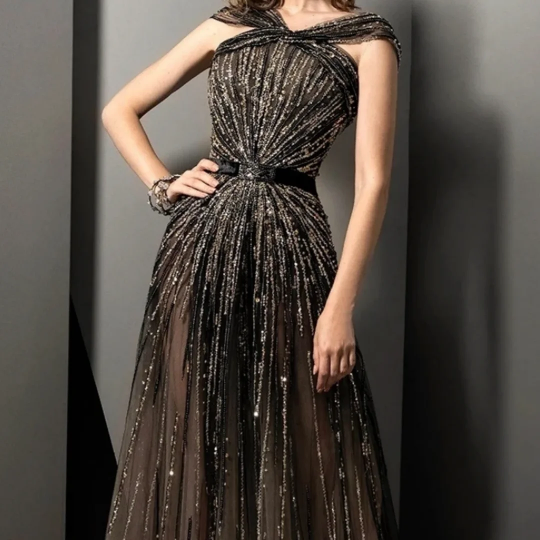 Luxurious Beaded A-line Tulle Long Mother Of The Bride Dress For Wedding Shiny Prom Gown Sexy Illusion Evening Dress Customized
