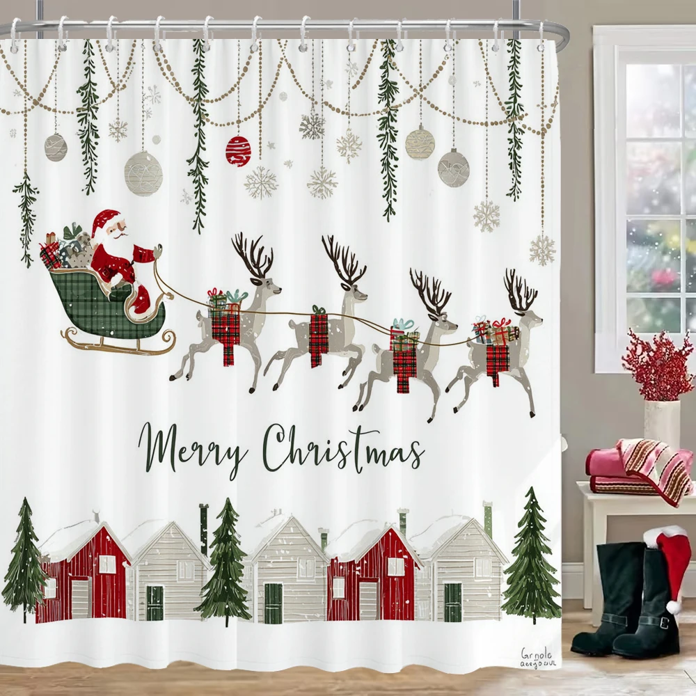 

1pc Christmas Town Printed Waterproof Shower Curtain Shower Partition Privacy Hanging Curtain with 12 Hooks Easy Installation
