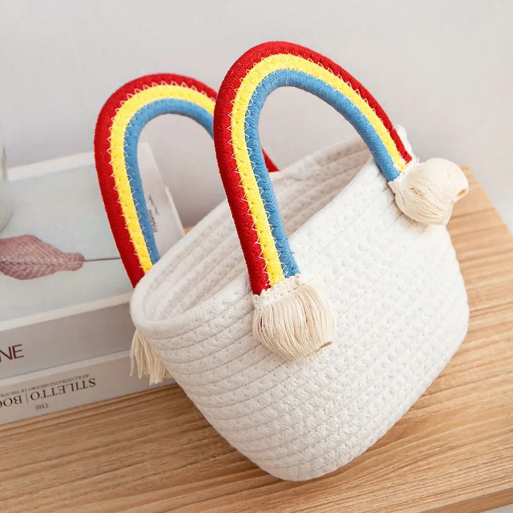 Rainbow Cotton Rope Woven Bag Handbag Girls Handmade Desktop Storage Basket Cosmetic Organizert Box Picnic Basket