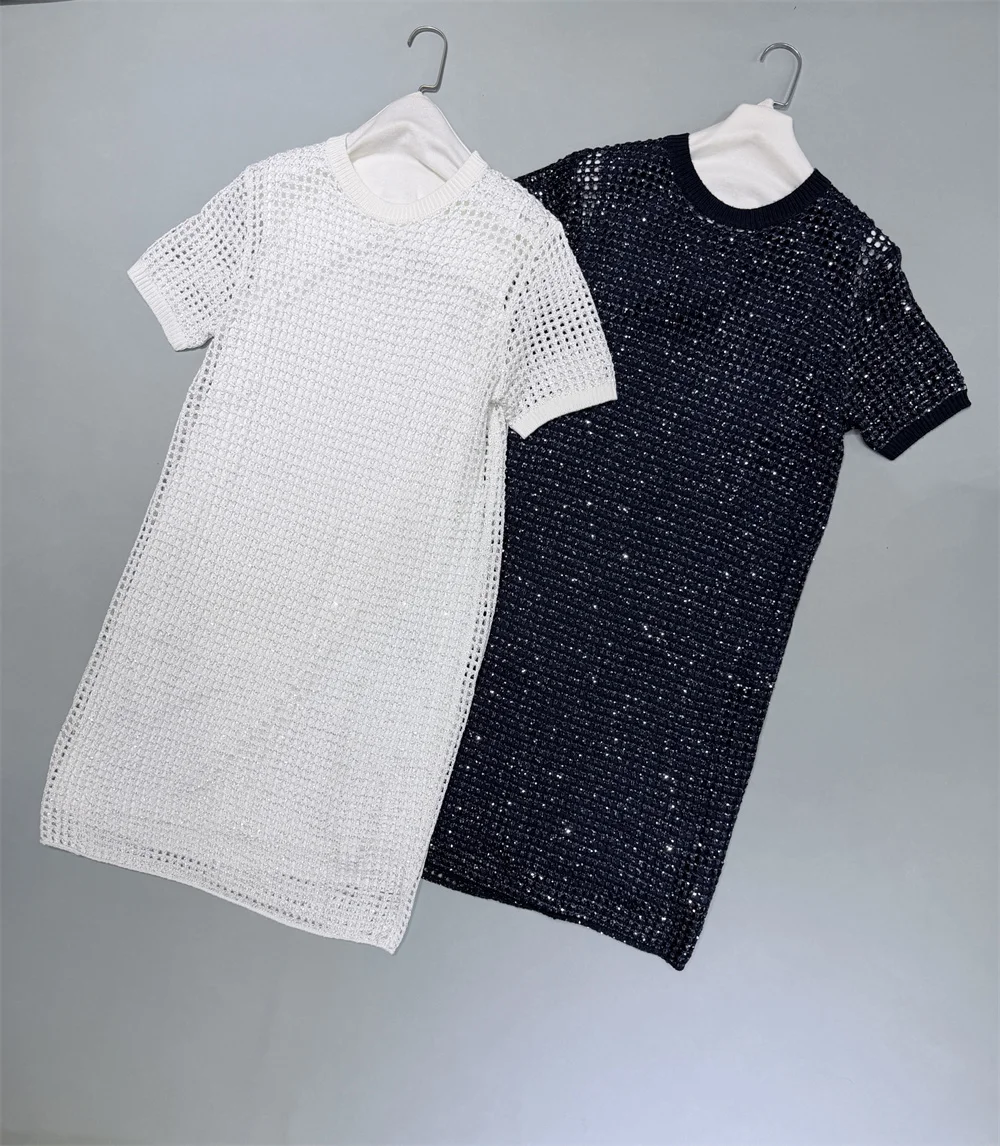 

Women's Linen Hollow-out Sequined Round Neck Knit Short-sleeve Dress Fashionable Commuter Casual Dresses