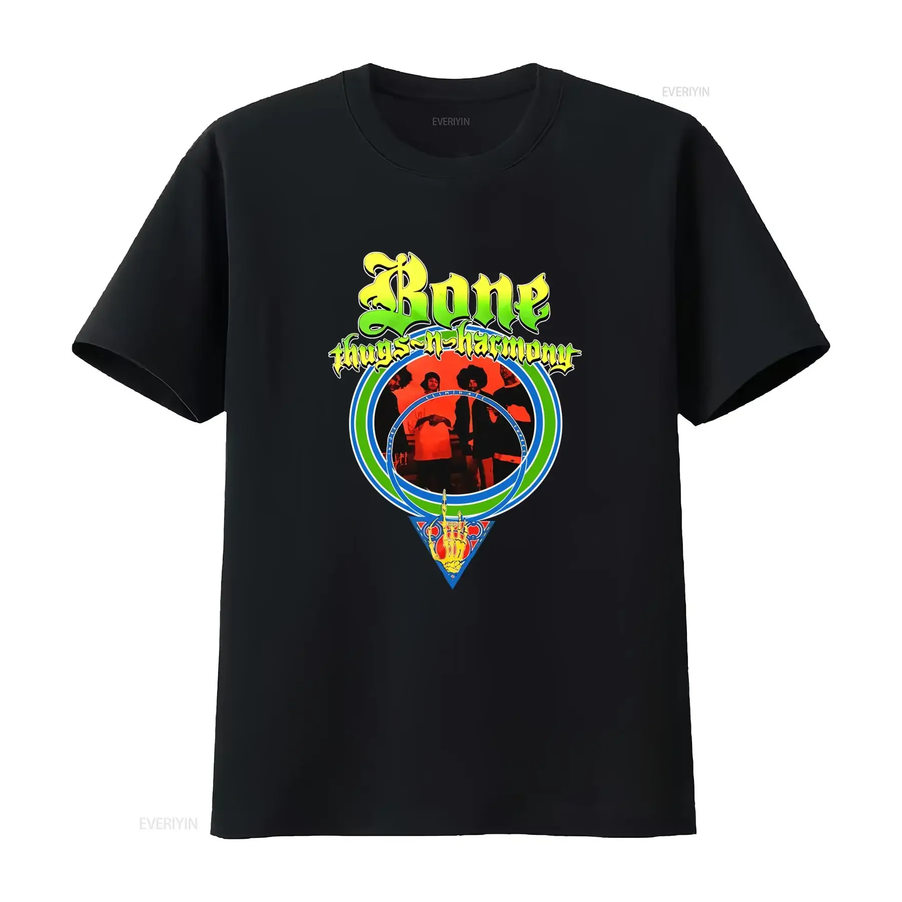 Camiseta Auténtica BONE THUGS N HARMONY I E S, Corte Ajustado, Diseño de Banda Negra, Estilo Vintage Lavado, Unisex, Elegante y Versátil, Ligeramente Desgastada