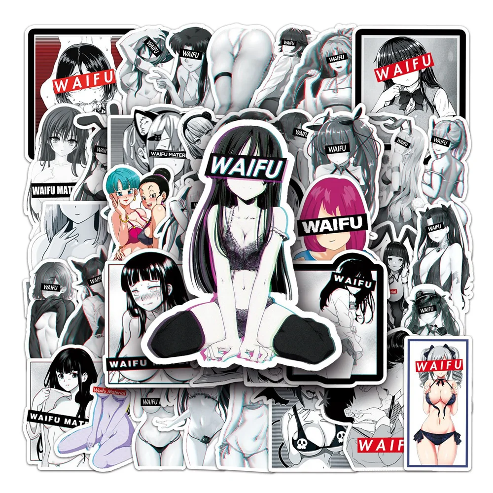 50PCS New Waifu Black And White Sexy Girl Hentai Bikini Sticker For Otaku Adult Phone Laptop Ipad Pvc Stickers