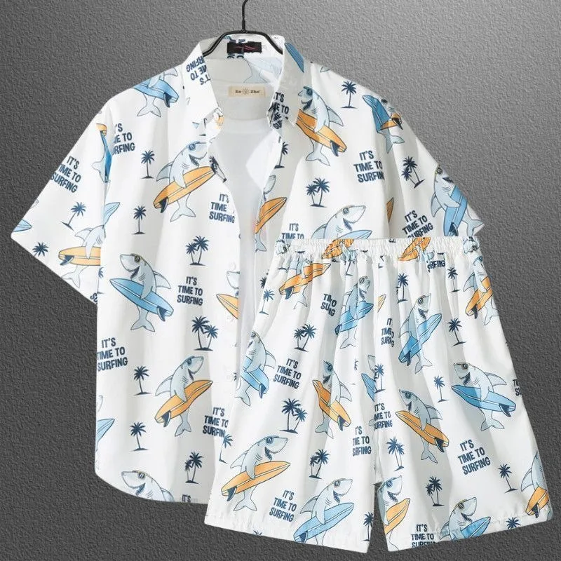 

Cute Shark Surfboard Fun Cartoon Shirts and Short 2 Piece Sets for Men Hawaii Beach Style Quick Drying Loose Summer Casual Coats