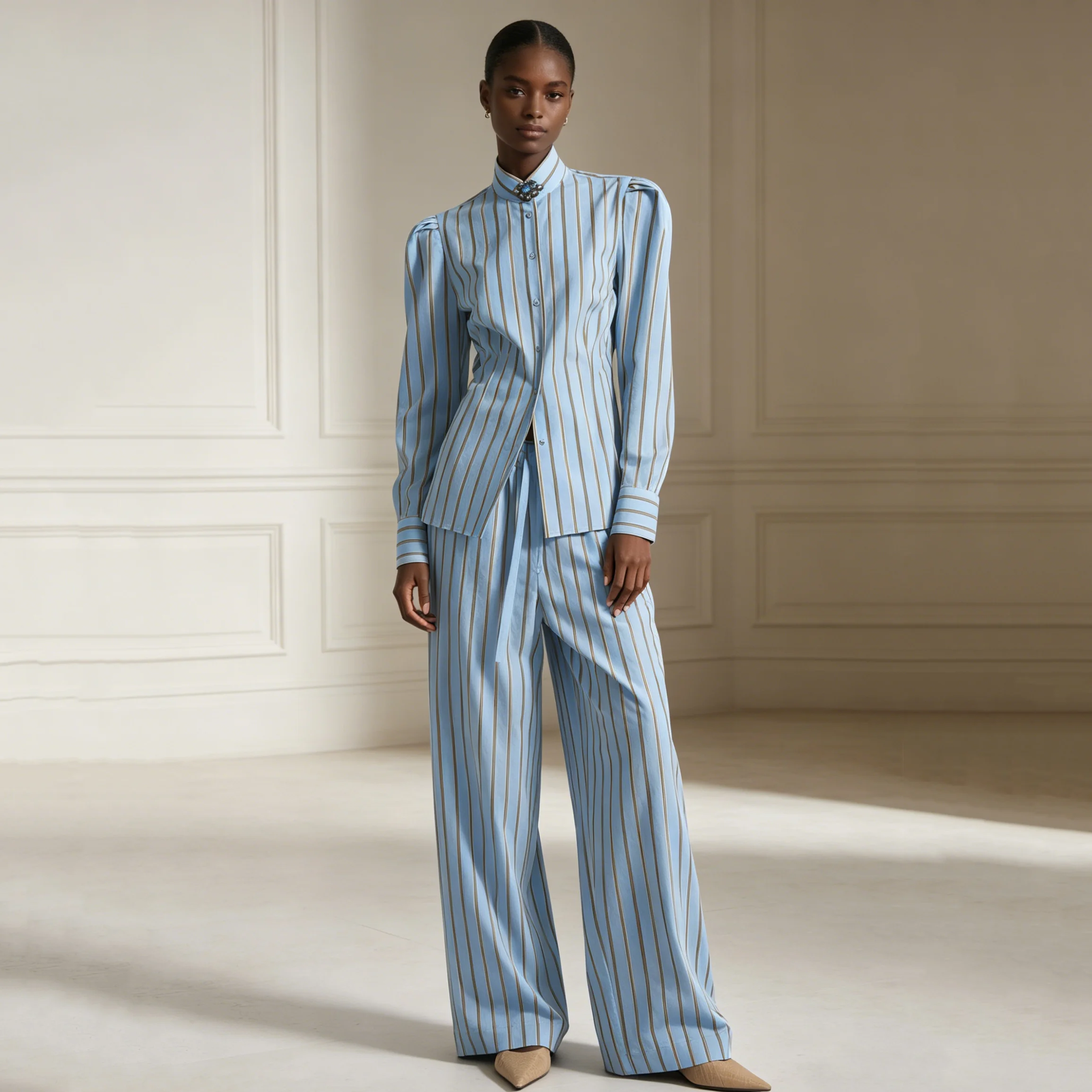 

CiCi Vertical Stripe 2 Piece Set Women Stand Collar Long Sleeve Shirt High Waist Wide Leg Pants Elegant Spring Summer