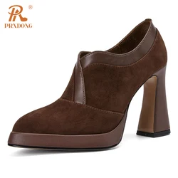 PRXDONG 2024 New Retro Genuine Leather High Heels Platform Black Brown Dress Party Office Lady Pumps Shoes Size 34-40 Spring