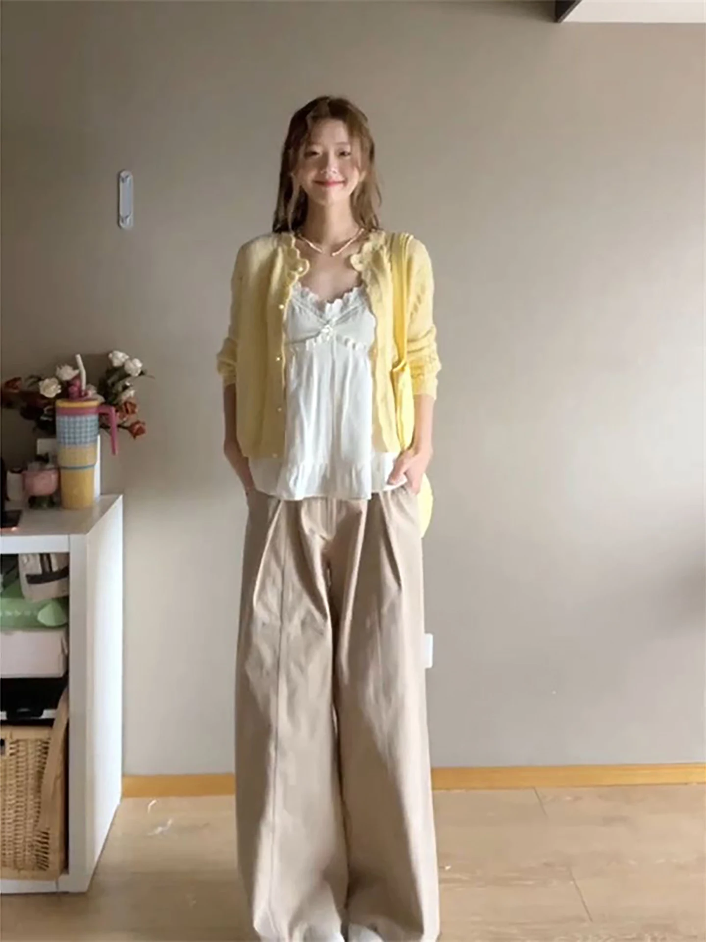 

Sweet Knitted Yellow Open Cardigan Sweater Women's Lace Crop Top Two-Piece Set Casual Fashion Spring Autumn Warm Lightweight