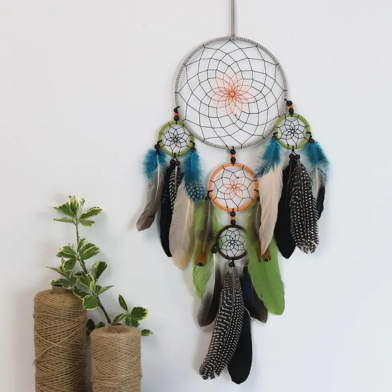 Vintage Multi-Circle Feather Dreamcatcher Wall Hanging Ornament Handmade Woven Hemp Rope Home Wall Decoration.