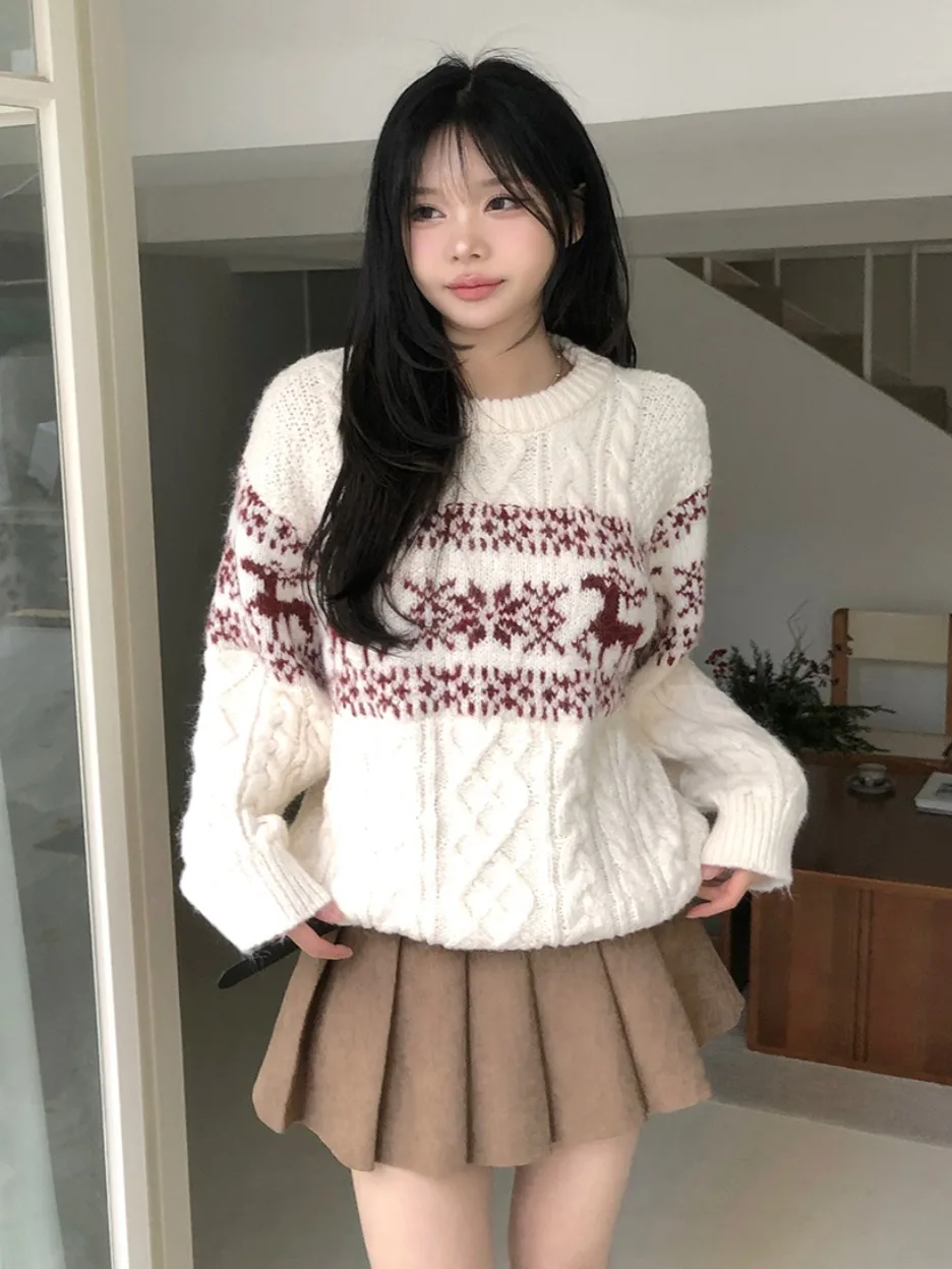 

Korean Sle Retro Fair Isle Knit Sweater Women's Autumn Winter Cisas Aosphere round Ne Overhead Knitted Top