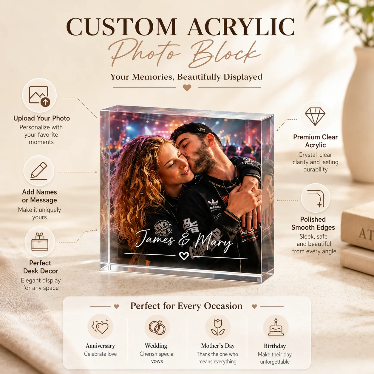 1PC Customizable Photo Acrylic Artwork Personalized Gift for Family Mom Friends - Ideal for Birthday Anniversary Wedding Valenti