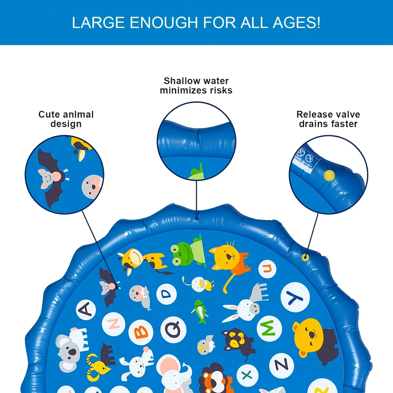 어린이를 위한 초대형 풍선 스프링클러 패드 - 스마트 과학자 26 알파벳 및 동물 패턴 교육용 물 장난감