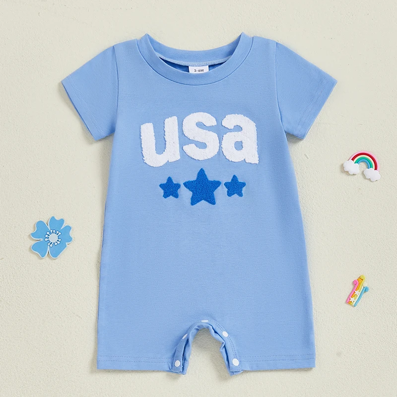 Infant Independence Day  Relaxed Fit Patriotic Design Round Neck Baby Bodysuit with Embroidered Stars and Letters