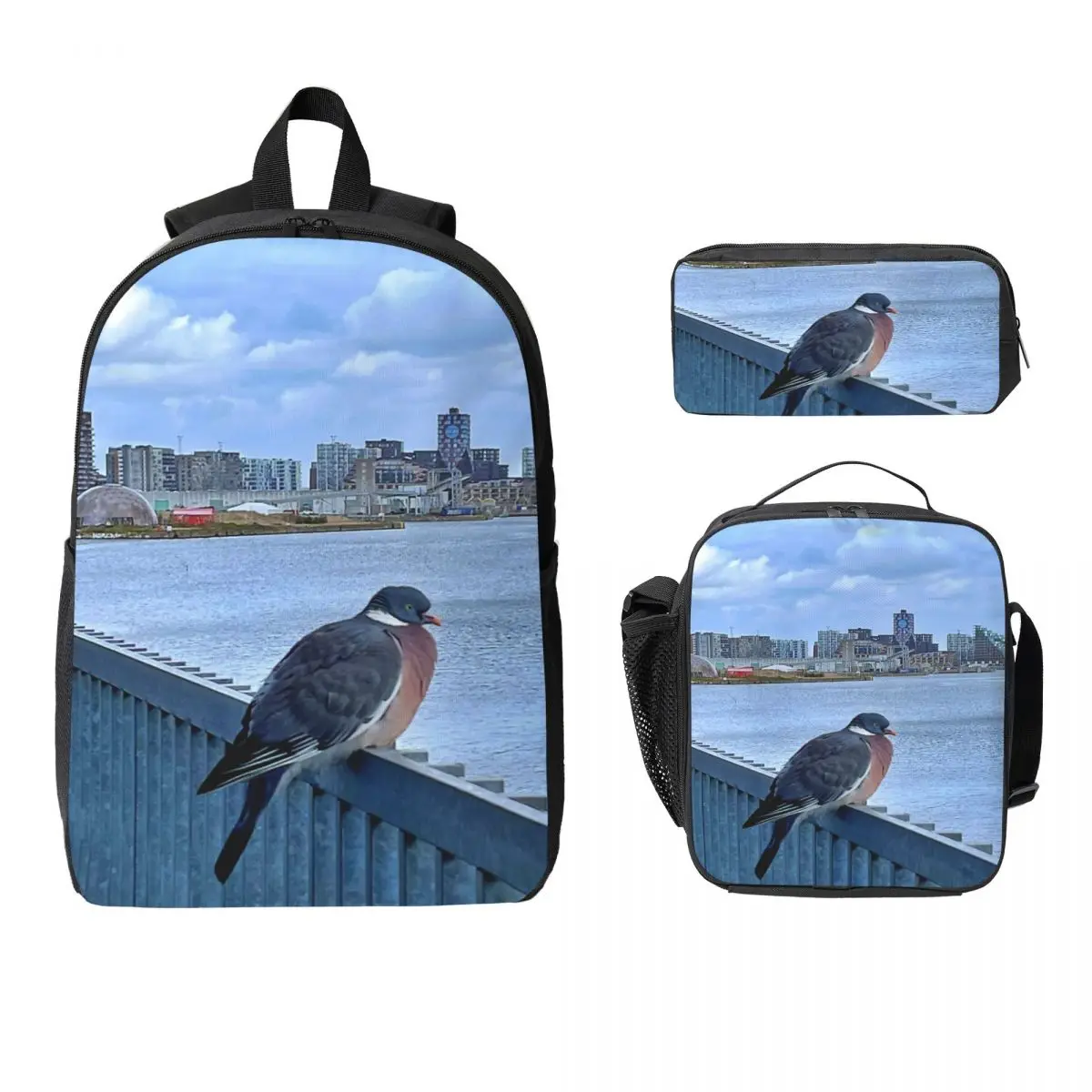 

Pigeon, Panoramic View Of The Aarhus In Denmark Backpack Student Boy Girl BookBag School Bag 3ps Insulated Lunch Bag Pencil Case