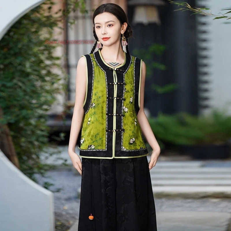 

2026 national vintage o-neck vest traditional panda flower print satin vest chinese folk vest sleeveless jacket retro hanfu tops