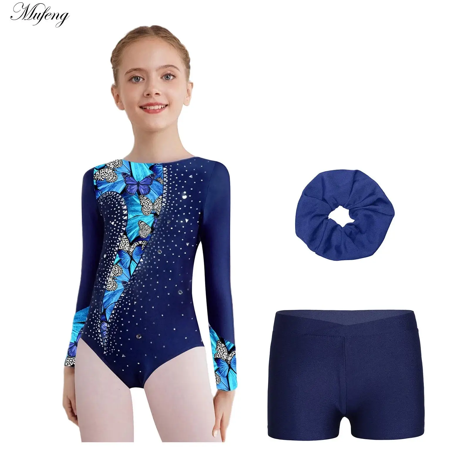 

Детские гимнастические трико для девочек, боди с длинными рукавами и принтом, комплект для балета и танцев, комбинезон для фигурного катания с шортами, наряды