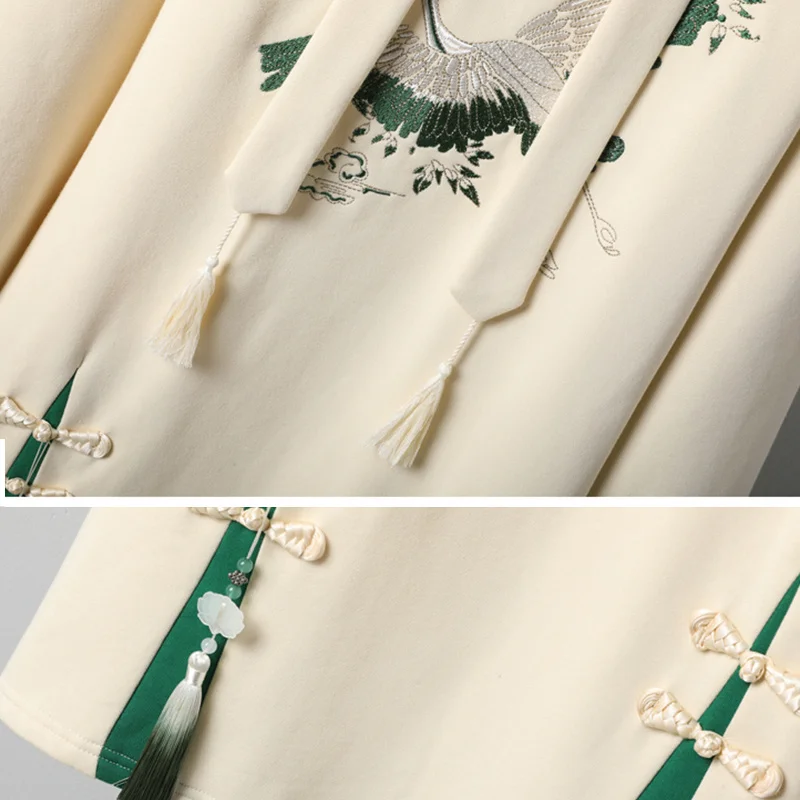 National Style Women Hanfu Classical Cheongsam Vintage Elegant Fairy Chinese Long Sleeve Embroidery Hoodie Dress Han Element