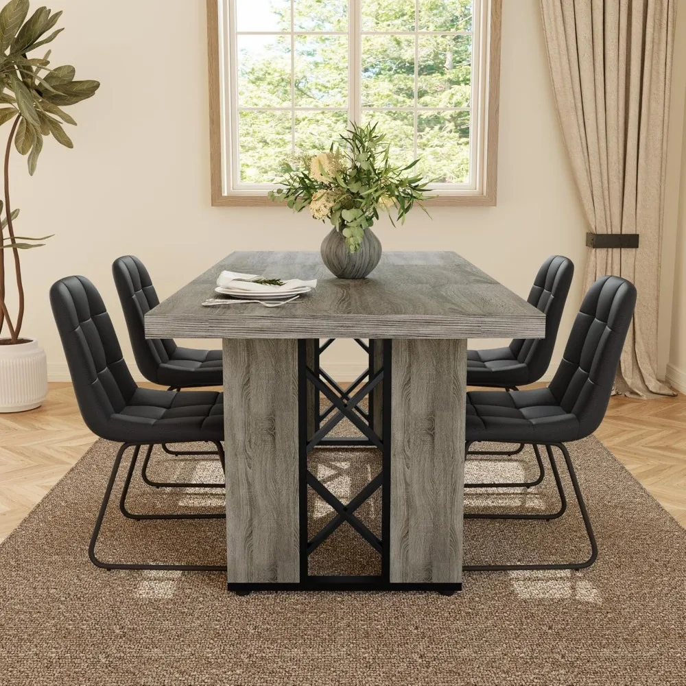 طقم طعام مكون من 7 قطع موفر للمساحة تتسع لـ 6-8 أشخاص، طاولة 70.8 MDF مع 6 كراسي منجدة، مثالية للمطبخ والإفطار