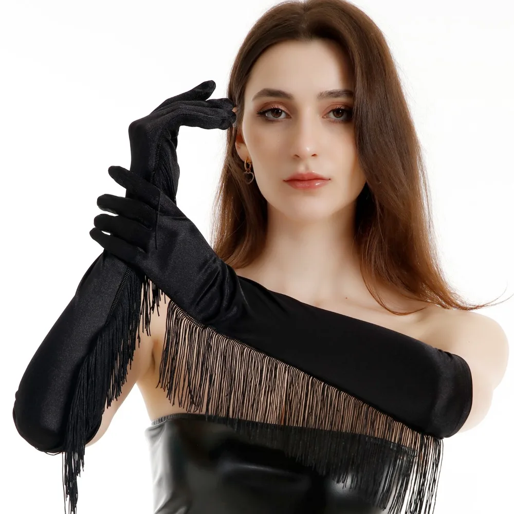 Simple Musical Lady Long Gloves Fashion Stretch Fringe Tassel Gloves Tassel Stage Dance Mittens Girls