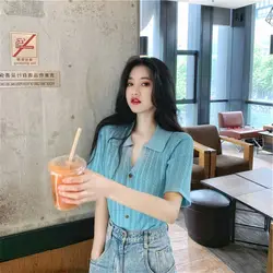 2025 Summer New Polo Collar T-shirt Hong Kong Style Short-sleeved Women's Button Hollow Knitted Cardigan Slim T-shirt Top Korean
