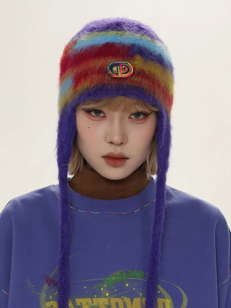 

Mixed Color Retro Wool Hat Rainbow Stripes Bomber Hats Women Winter Autunm Warm Knitted Cap Soft Caps Hip Hop Cute Girl