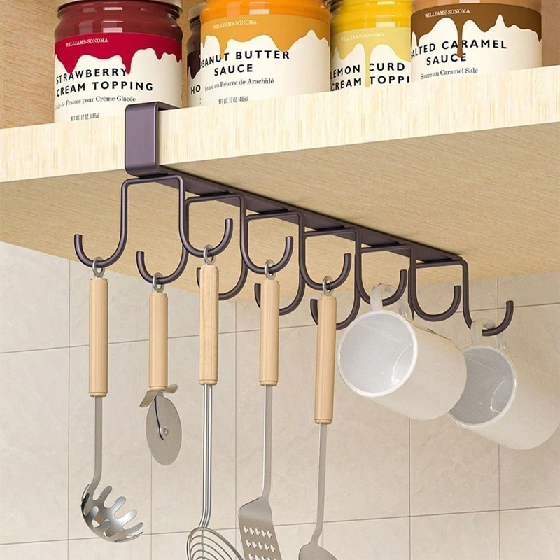 Multifunctional Double-row Storage Hook Wardrobe Cabinet Metal Shelves Hanging Hooks Punch-free Hanging Cup Holder Kitchen Tool