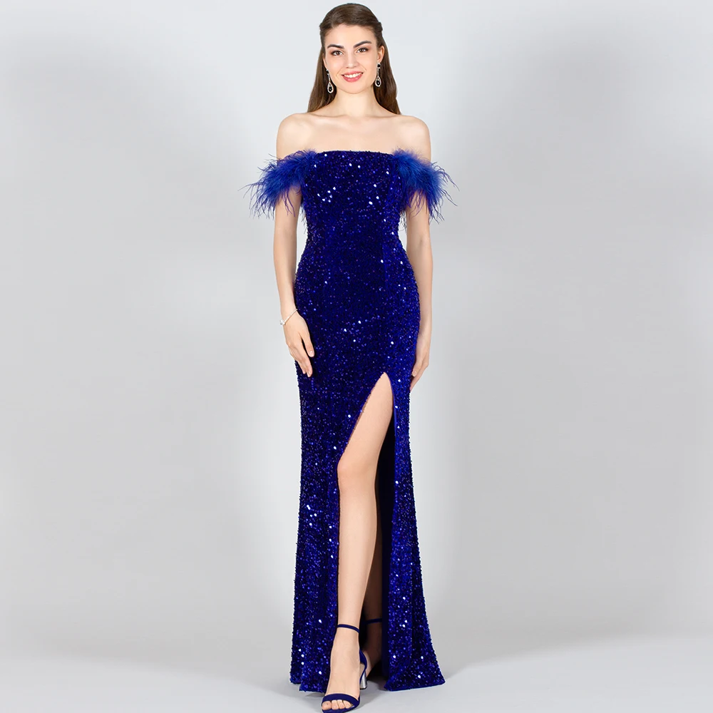 

Boat Neck Mermaid Evening Dresses Navy Blue Side High Split Off The Shoulder Prom Gown Glitter Sequin Feathers Long Party Dress