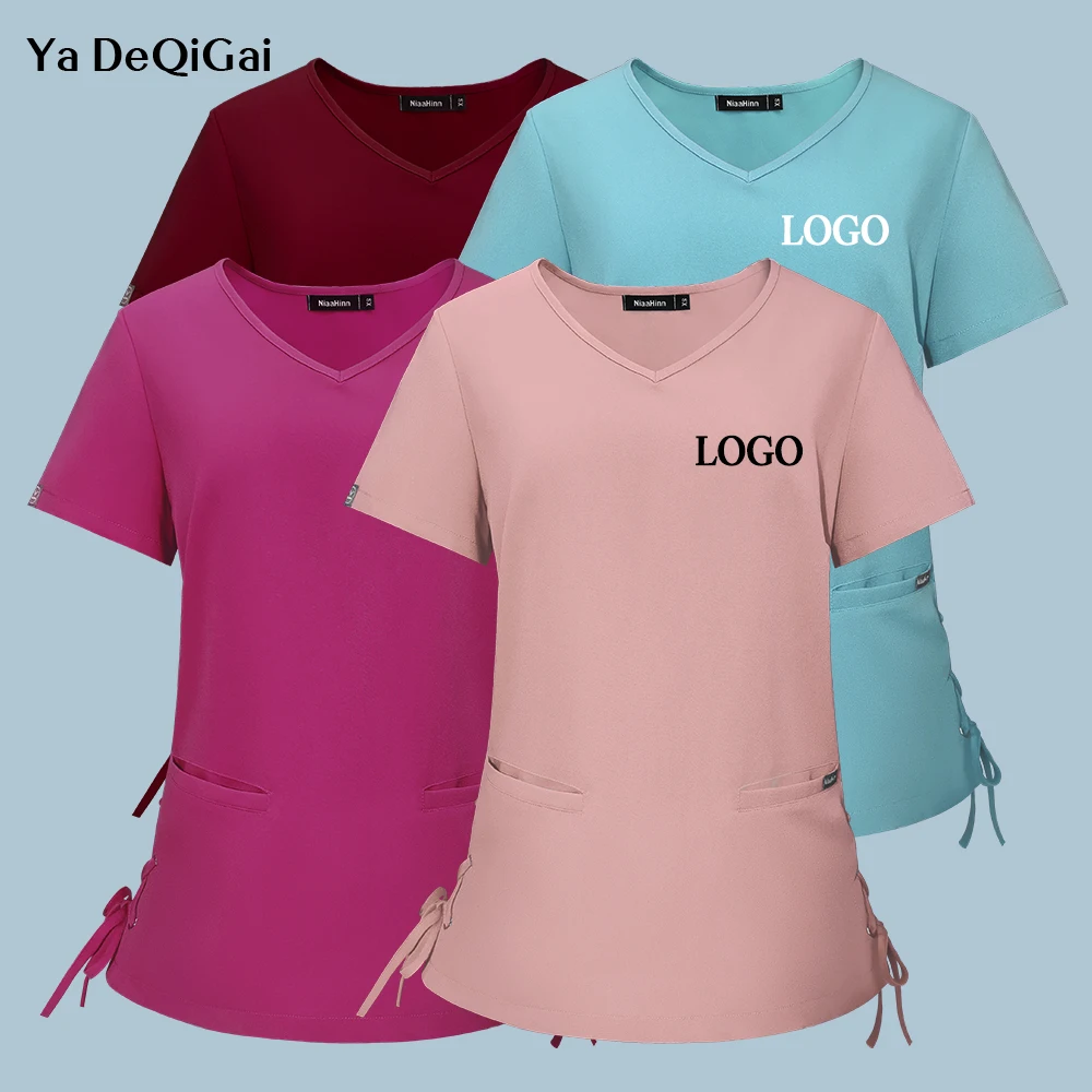 Solid Workwear Medical T-shirt Nurse Nursing Uniform Women Pet Grooming Health Blouse Multicolor Scrub Top Spa Clinic Wear