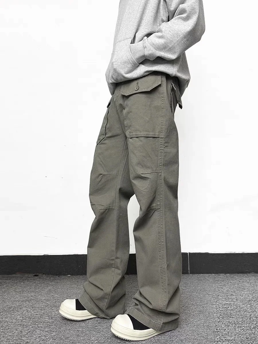 Celana Kargo Pria American High Street Sle dengan Kets Celana Panjang Pakaian Kerja Menyala Mikro Retro Berlipat untuk Perjalanan