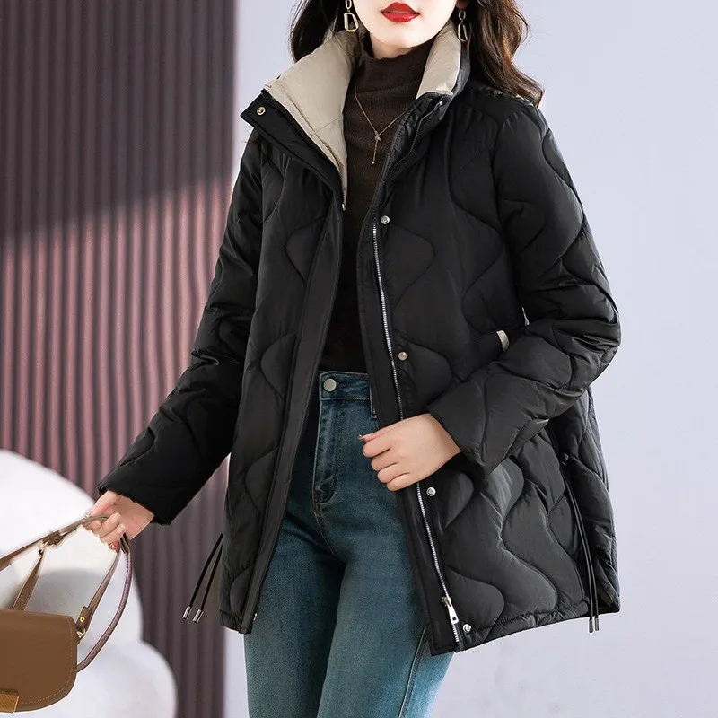 Hooded Parka Down Cotton Clothes Lapel Women'S  Winter New Midi Corrugated Quilted Thick Warm Cotton-Padded Jacket Outcoat Lady