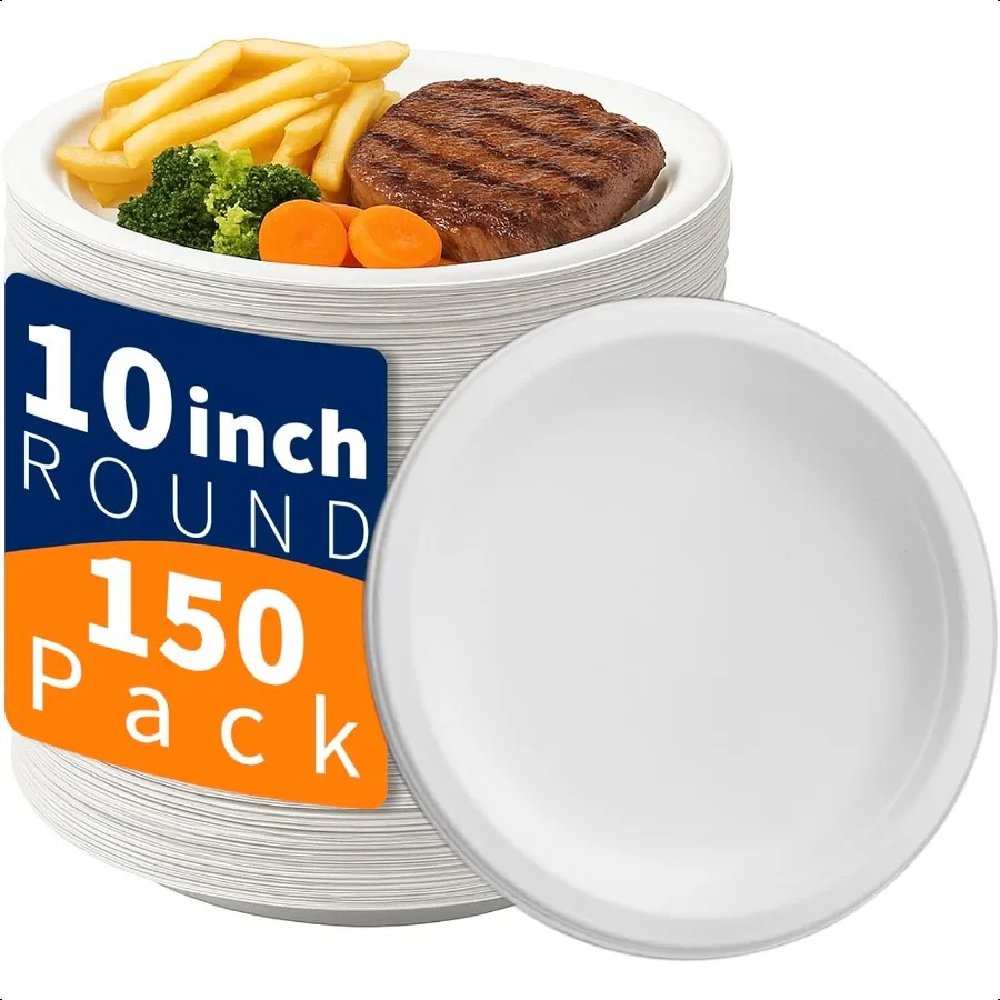 

10 In Paper Plates Heavy Duty 150 Count Large Round White Dinner Plates Bulk for Everyday Meals Picnic BBQ and Gathering Leak