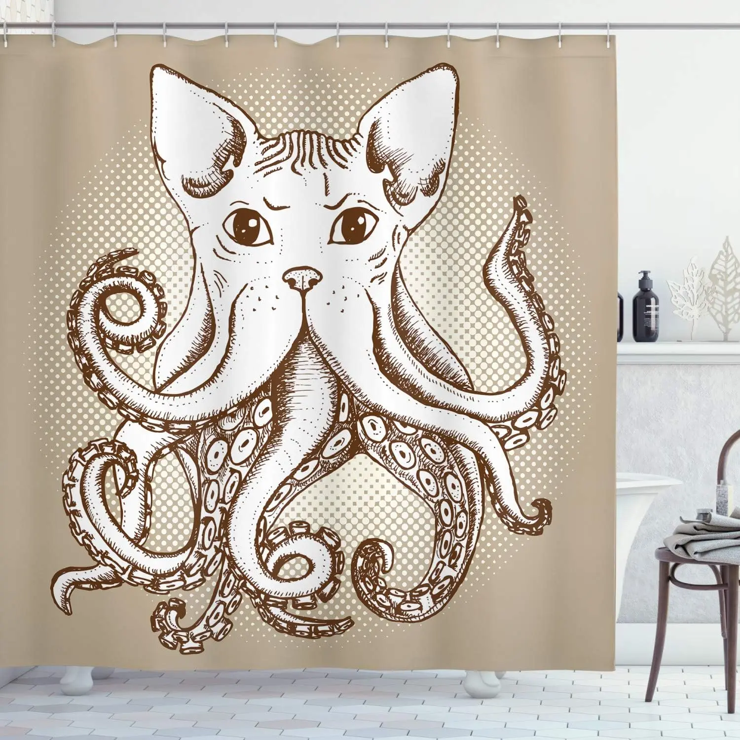 

Octopus Cat Shower Curtain Fantasy Animal Art Surreal Creature Design Cute Pet Theme Bathroom Decor Whimsical Octocat Print