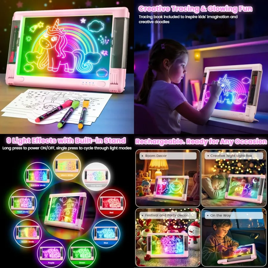 

Rechargeable LED Drawing Board, 15 Inch 9-Color Light Modes Neon Art Light Up Writing Tablet Tracing Pad for,Sketching Gift Toy