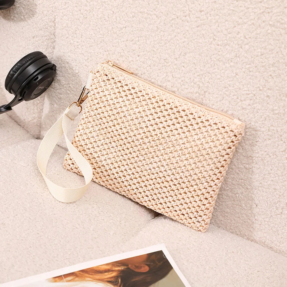 Fashion Women Bags With Wrist Straps Solid Colors Weaving Bag Straw Woven Handbag Coin Purses Simple Hollow Braided Handbags