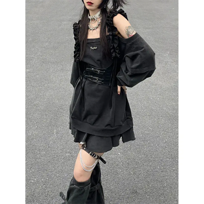 Harajuku Punk Loose Hoodies Dress Two Pieces Sets Women Y2K Socks Grey T-shirts Vestidos Long Sleeve College Girls Dress Sets