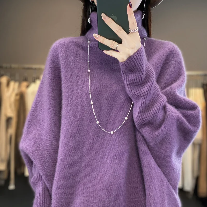 BELIARST Autumn/Winter New Sweater Women\'s High Lapel Jumper 100% Merino Wool Loose Bat Sweater Fashion Korean Oversized Top